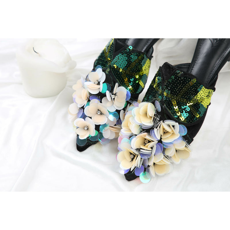 Handmade Sequin Flowers Embroidered Mules