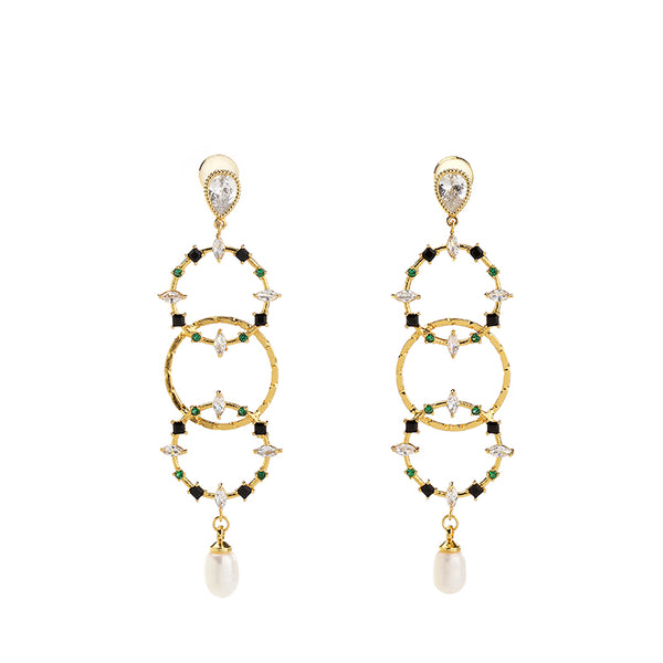 Three Ring Pearl and Zircon Long Earrings