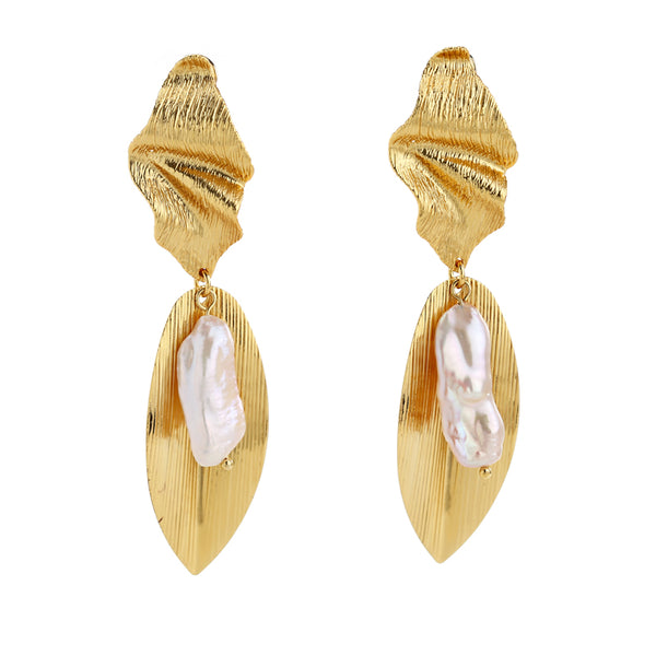 Gold Leaf Pearl Stud Earrings