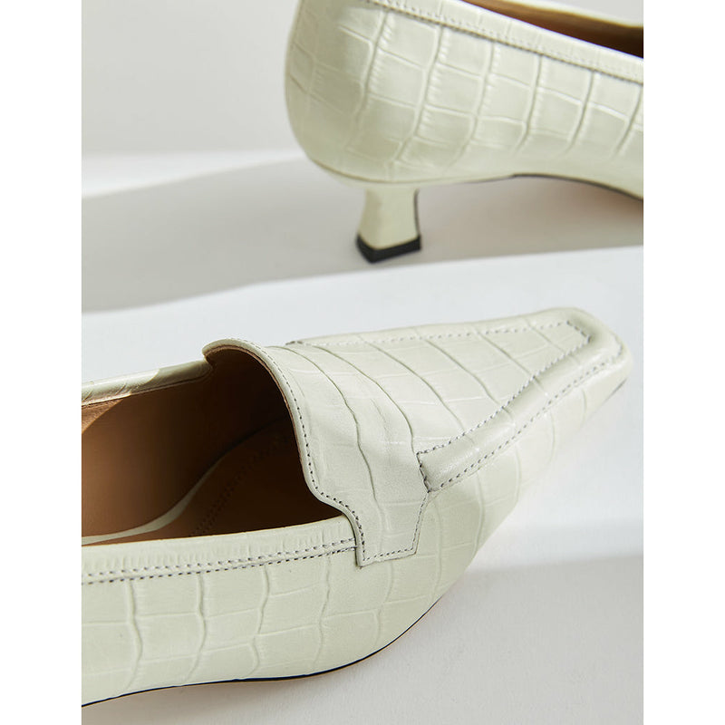 White Crocodile Print Mid-hell Loafers