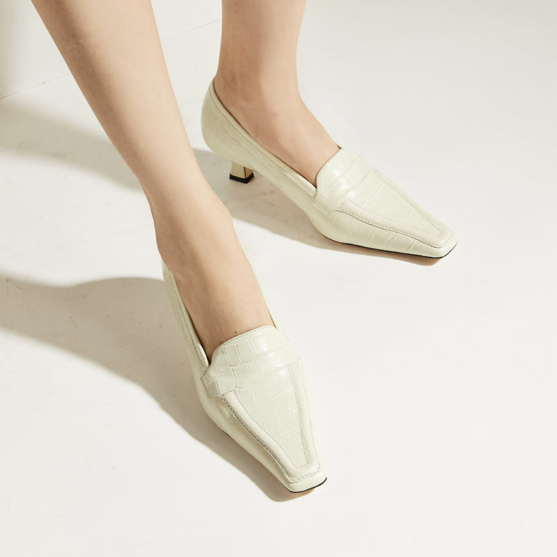 White Crocodile Print Mid-hell Loafers