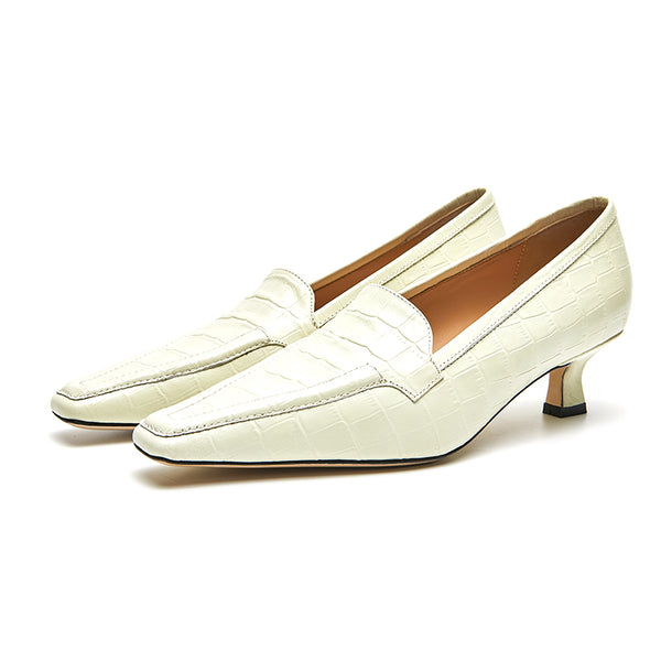 White Crocodile Print Mid-hell Loafers