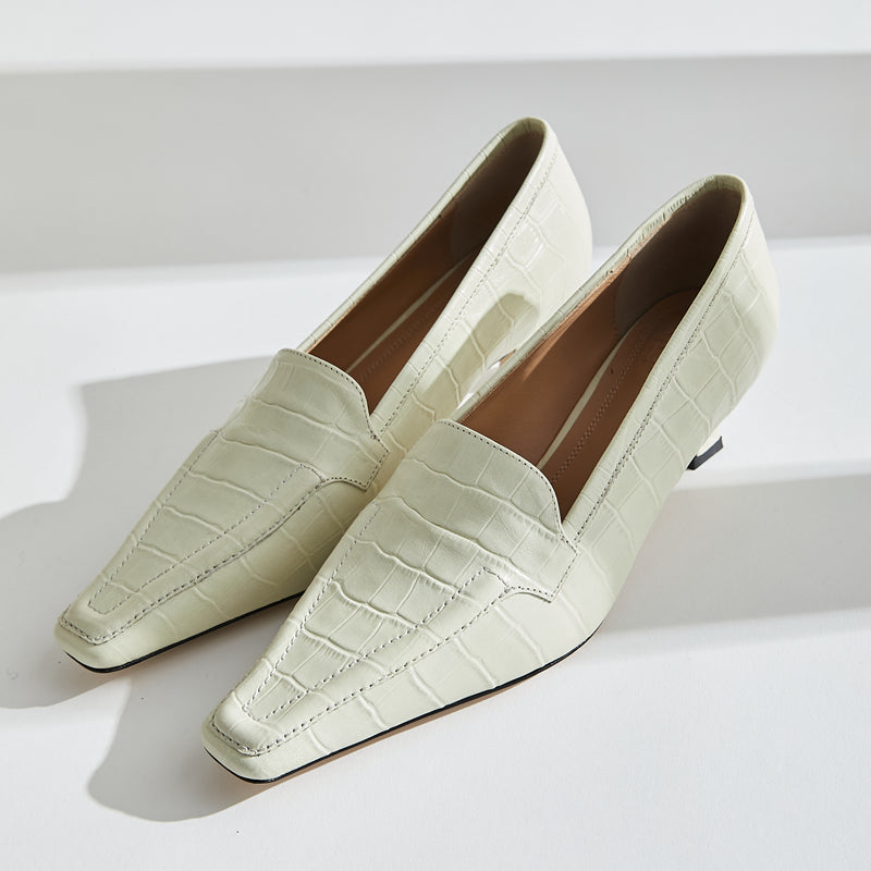 White Crocodile Print Mid-hell Loafers