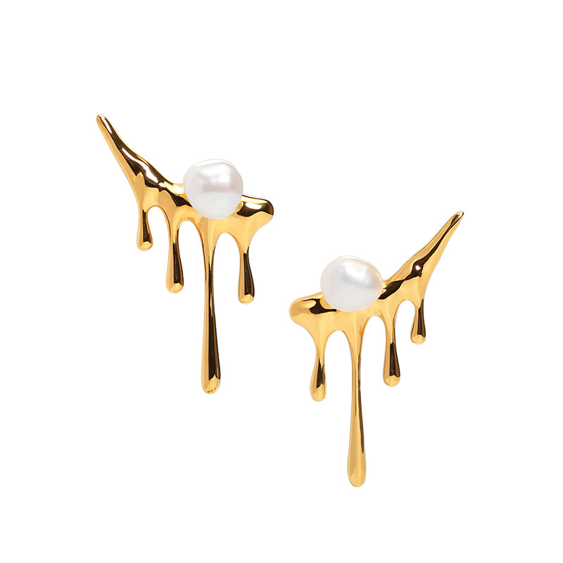 Gold Dripping Pearl Earrings