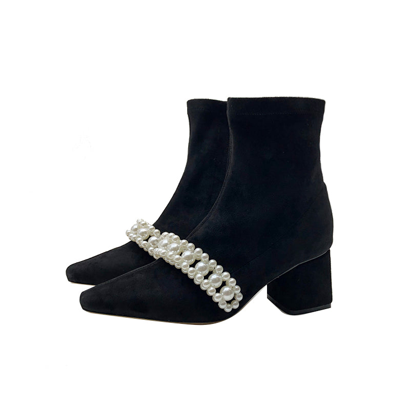 Pointed Toe Suede Pearl Ankle Boots